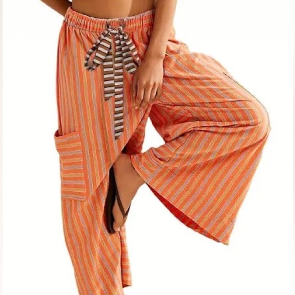(B3) NWOT Unbranded Orange Brown Striped Wide Leg Drawstring Boho Crop Pants XS